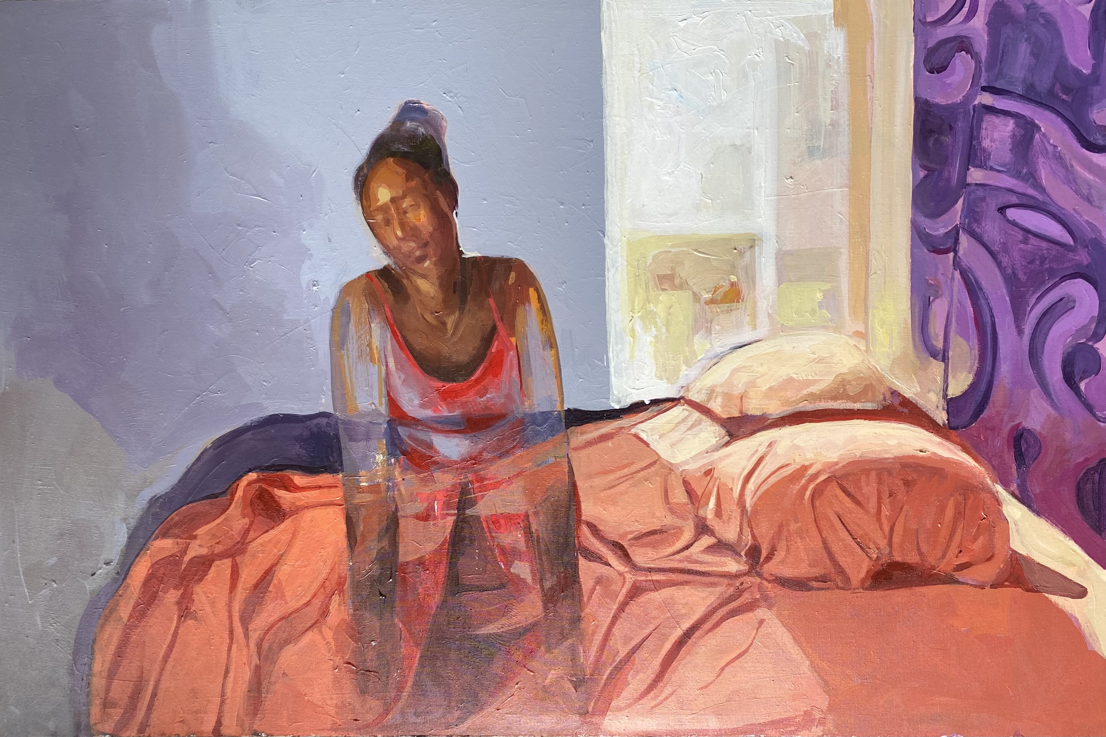 A painting of a woman sitting on her bed, wearing a beautiful red dress.